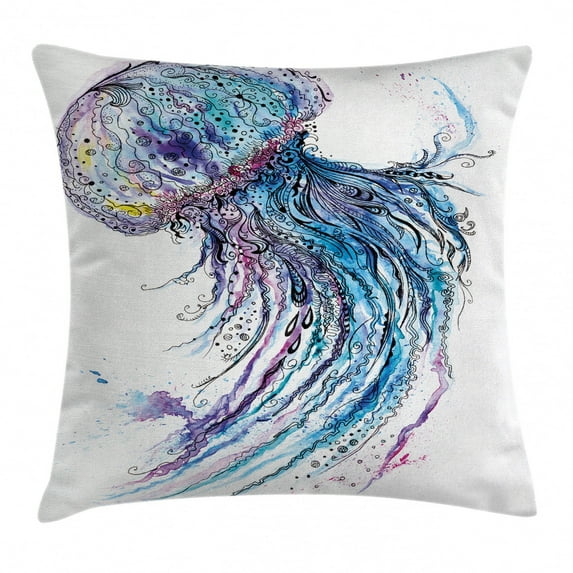 Jellyfish Throw Pillow Cushion Cover, Aqua Colors Art Ocean Animal Print Sketch Style Creative Sea Marine Theme, Decorative Square Accent Pillow Case, 20 X 20 Inches, Blue Purple White, by Ambesonne