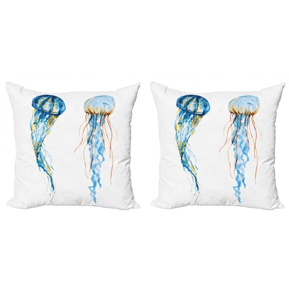 Ambesonne Nautical Throw Pillow Cover 2 Pack, Jellyfish Exotic Sea, 16", Blue