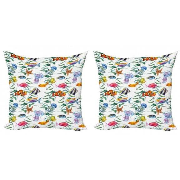 Ambesonne Fish Throw Pillow Cover 2 Pack, Watercolor Underwater, 16", Multicolor