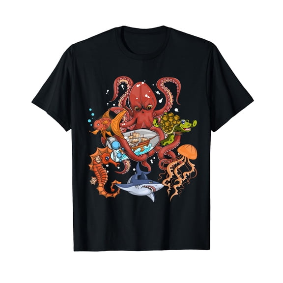 Jellyfish Turtle Seahorse Shark Octopus Kids Ocean Animal T-Shirt Black Tee