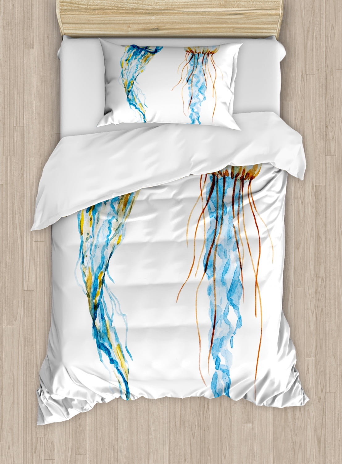 Twin Off-White and Blue Jellyfish Microfiber Duvet Cover Set