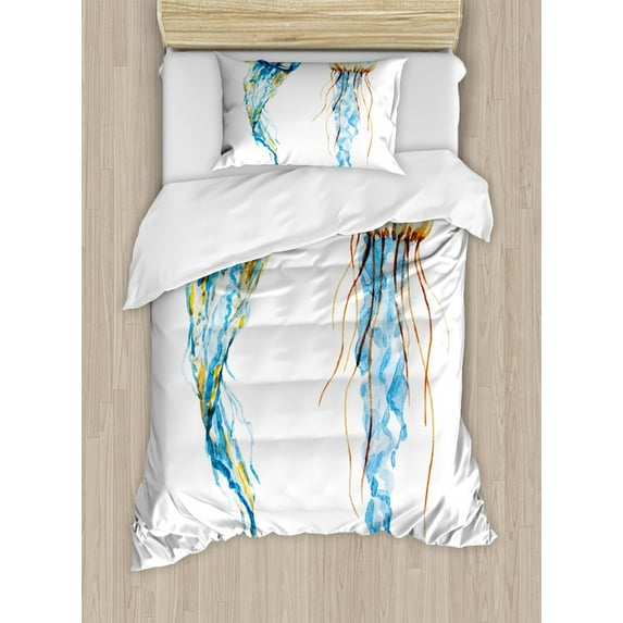 Jellyfish Twin Size Duvet Cover Set, Cute Jellyfish Exotic Sea Ocean Creature Aquatic Animals Watercolor Raster Graphic, Decorative 2 Piece Bedding Set with 1 Pillow Sham, Blue, by Ambesonne