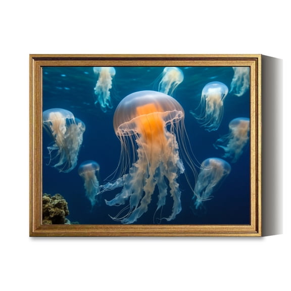 Jellyfish Underwater Ocean Scene Vintage Gold Framed Wall Art Decor Retro Canvas Paintings for Living RoomBedroom