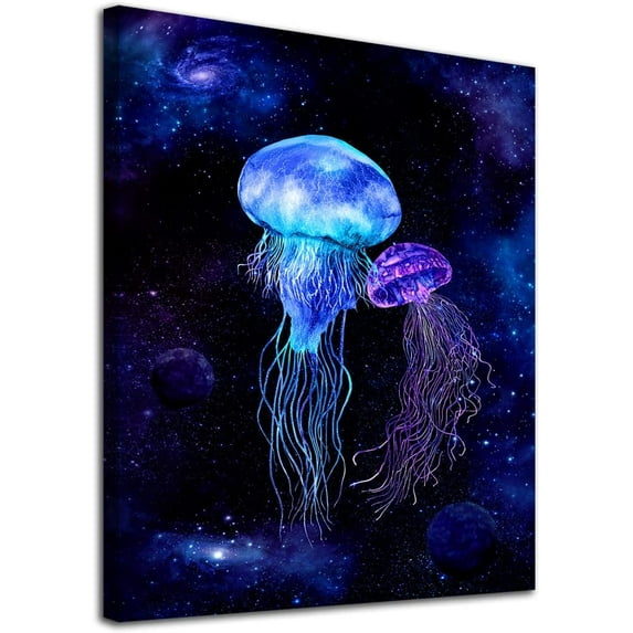 Jellyfish Wall Art Galaxy Canvas Picture Blue Fantastic Cosmic Canvas Artwork Contemporary Art Prints Framed for Home Office Kitchen Bathroom Bedroom Nursery Living Room Decor 12" x 16"