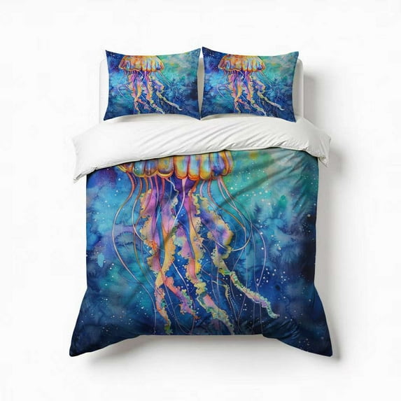 Jellyfish Watercolor Bedding Set 3 Pcs Soft Microfiber Quilt Cover For Bedroom Decor, Comforter Cover With 2 Pillowcase