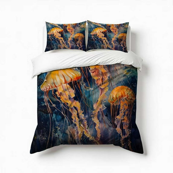 Jellyfish Watercolor Bedding Set 3 Pcs Soft Microfiber Quilt Cover For Bedroom Decor, Comforter Cover With 2 Pillowcase