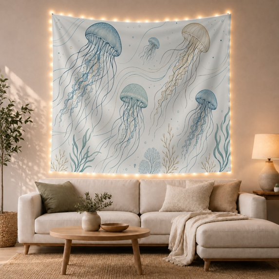 Jellyfish on White Background with Soft Blue and Navy Lines, Calming Illustration for Ocean Lovers, Marine Life Wall Art, Birthday Gift Tapestry Wall Hanging for Bedroom and Living Room