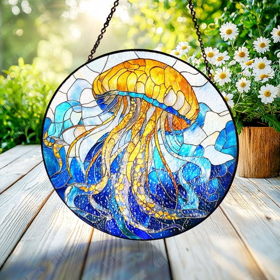Jellyfish Window Hanging Glass, Stained Glass Car Decoration, Gift for Dad or Mom, Handmade Sun Catcher, Ocean-Themed Home Decor, Animal Lover Gift Idea, Christmas or Birthday Present