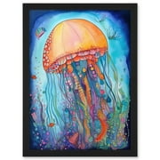 Jellyfish With Aquatic Plants Folk Art Watercolour Painting Artwork Framed Wall Art Print A4