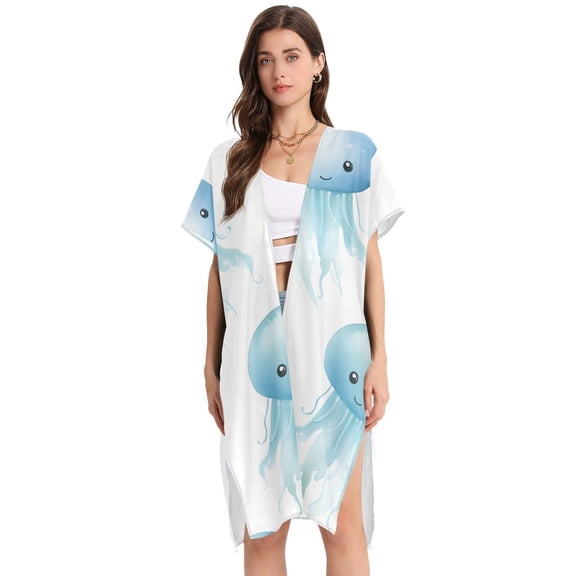 Jellyfish Women Swimsuit Cover up V Neck Beach Dress Short Sleeve Vacation Outfits Swimwear