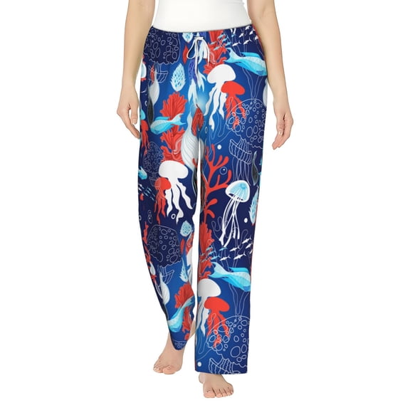 Jellyfish and Fish Women's Comfy Pajama Pants with Pockets,Soft Stretch Drawstring Lounge Pants, Soft Casual Wide Leg PJS Sleep Bottoms Small