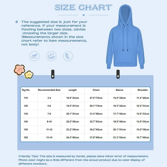 Jelory Kids Boys Girls Athletic Hooded Sweatshirt 3-14 Years Solid Color Hoodies Outwear Long Sleeve Royal Blue 110