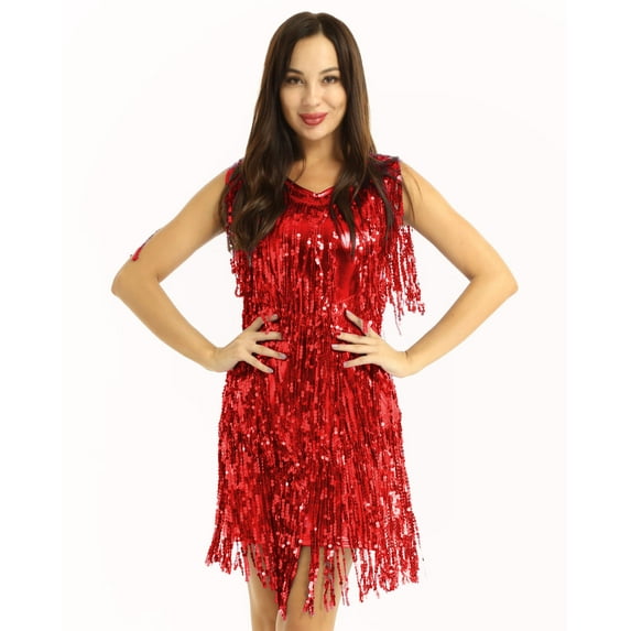 Jelory Women's Sequins Tassels Salsa Samba Rumba Dance Dress Ballroom Performance Dancewear Red XX