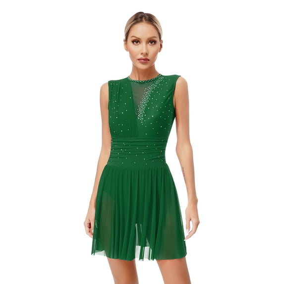 Jelory Womens Lyrical Ballet Dance Dress Sleeveless Rhinestone Sheer Mesh Figure Skating Dancewear Green M