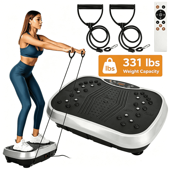 JelyHT Vibration Plate Exercise Machine Full Body Workout Platform with Adjustable Levels Multiple Modes Resistance Bands & Remote Grey Black
