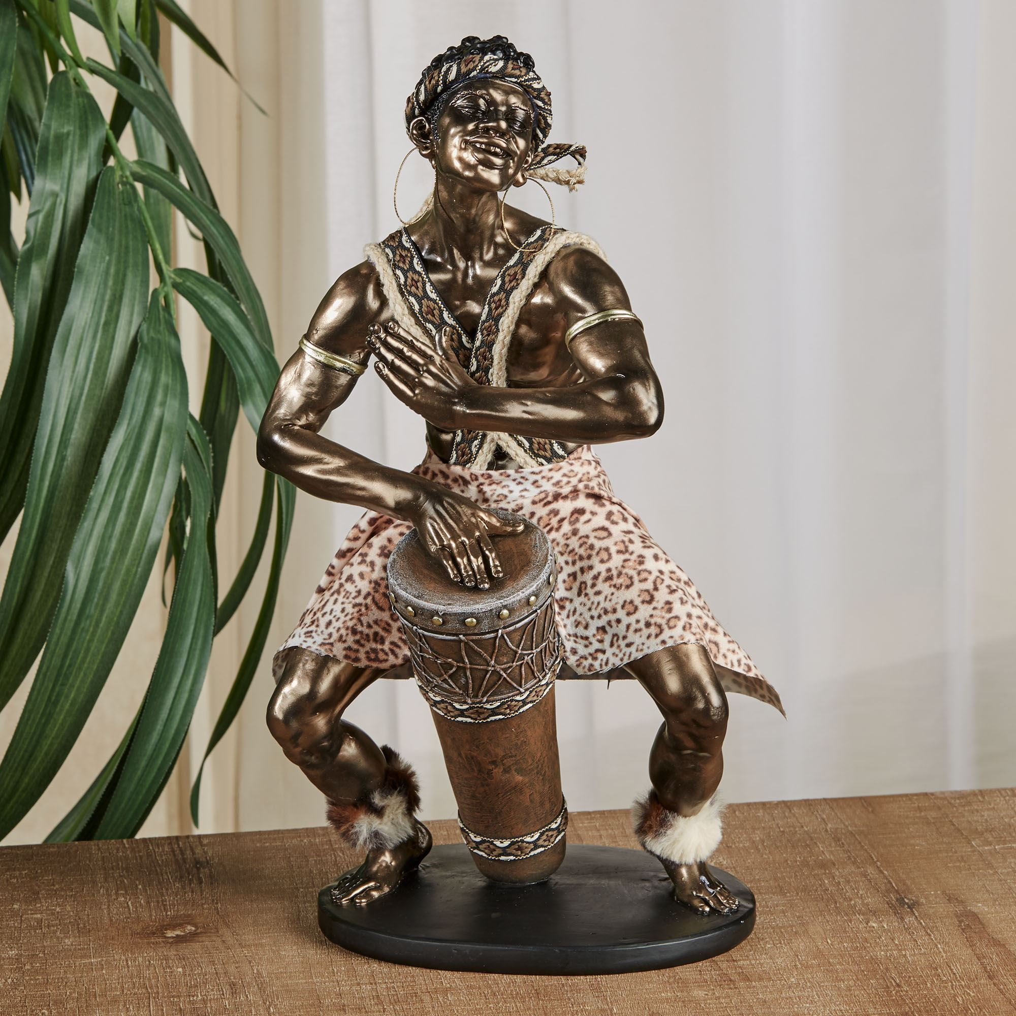 Bronze African Man Drum Player Table Sculpture with Leopard Print Outfit