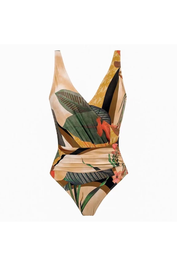 Womens Tropical Print One Piece Swimsuit with Cover up Beach Skirt Sarong Two Piece Floral Printed V Neck Tummy Control High Cut Monokini Swimsuit Bathing Suit Swimwear 2024