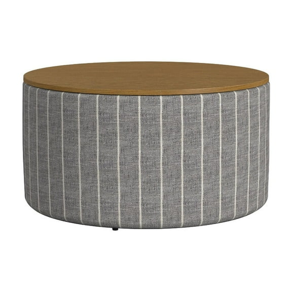 Jena Storage Ottoman, 30 Inch Round Lift Tray Top, Gray Pinstripe