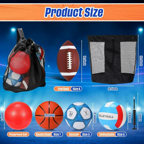 Jenaai 5 Set of Sport Balls, Assorted Official Size Athletic Balls Include Basketball Football Soccer Volleyball Playground Ball with Bags and Pumps, Sports Balls Pack for Kids Toys Gift