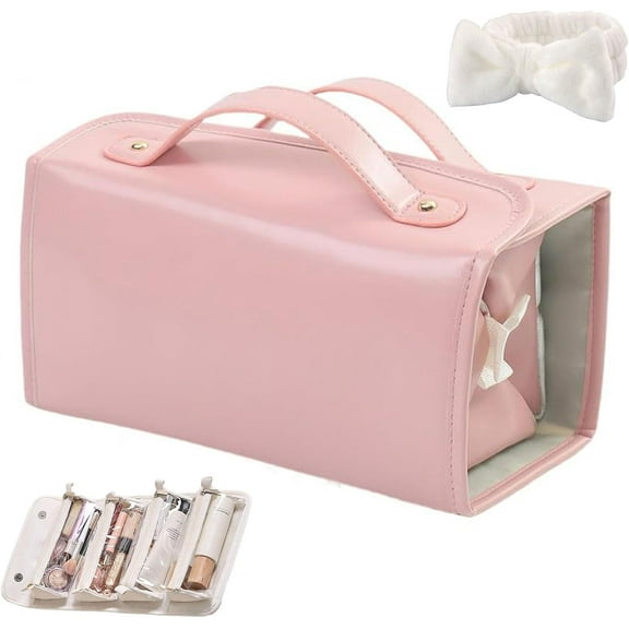 Jenalista Makeup Bag, Leather Waterproof Cosmetic Bag, Large Capacity Detachable 4 In 1 Roll Up Cosmetic Bags With Handle, Small Travel Makeup Bags Portable & Foldable
