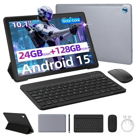 Jenbizz Android 14 Tablet 2025, 16GB RAM +128GB ROM, 1TB Expand, Quad-Core Processor, Dual Camera, WiFi 6, BT, 5000mAh, 1280x800 HD Touch Screen,Gray