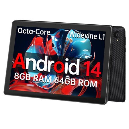 Jenbizz Android 14 Tablet 2025, 8GB RAM, 64GB ROM, 128GB Expand, Quad-Core Processor up to 2.4 GHz, Dual Camera, WiFi, BT, 5000mAh, 1280x800 HD Touch Screen,Black