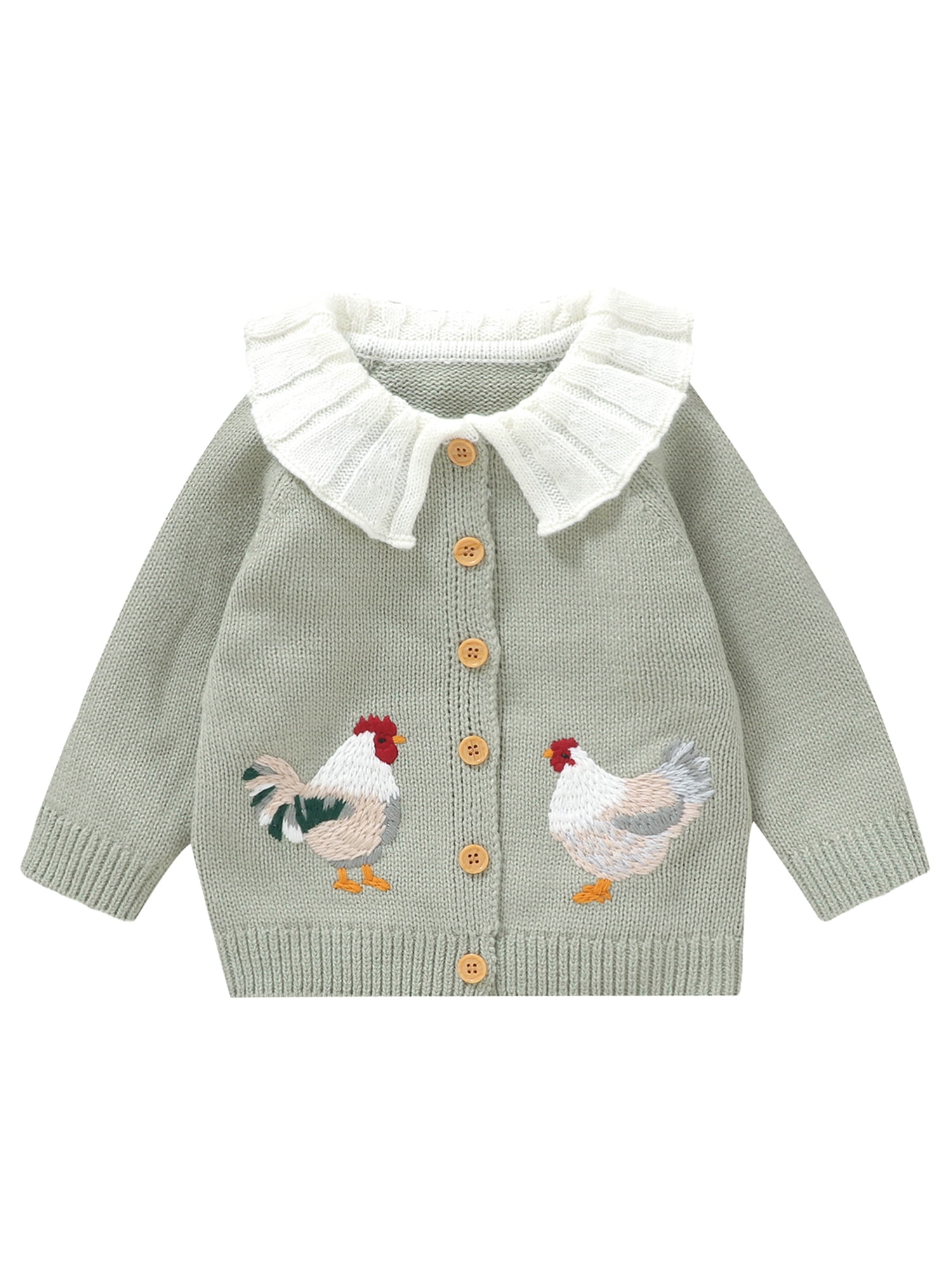 Jendukie Baby Girl Sweater Cardigan Rooster Embroidery Doll Collar Long