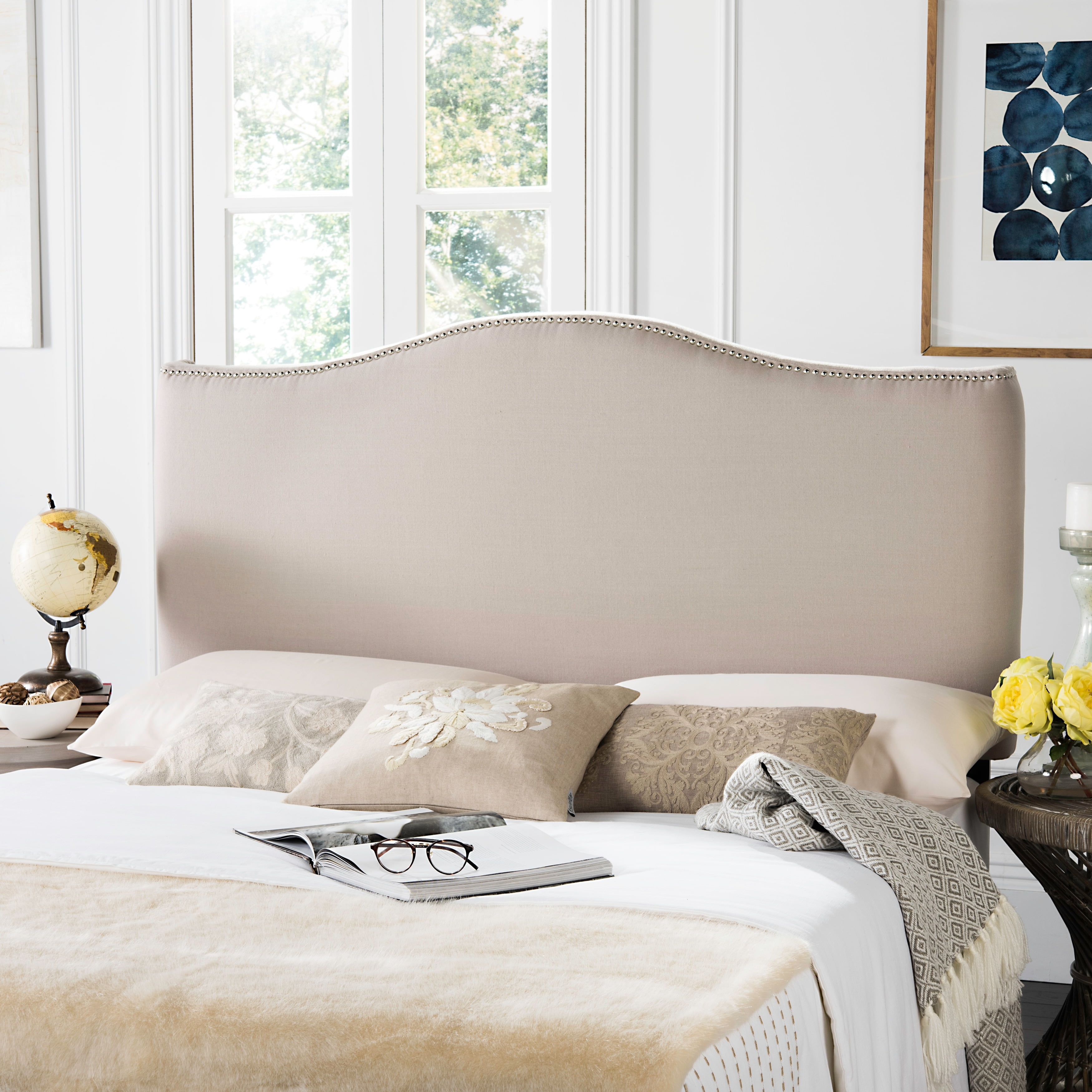 Jeneve Taupe Linen Upholstered Camelback Headboard Silver Nailhead