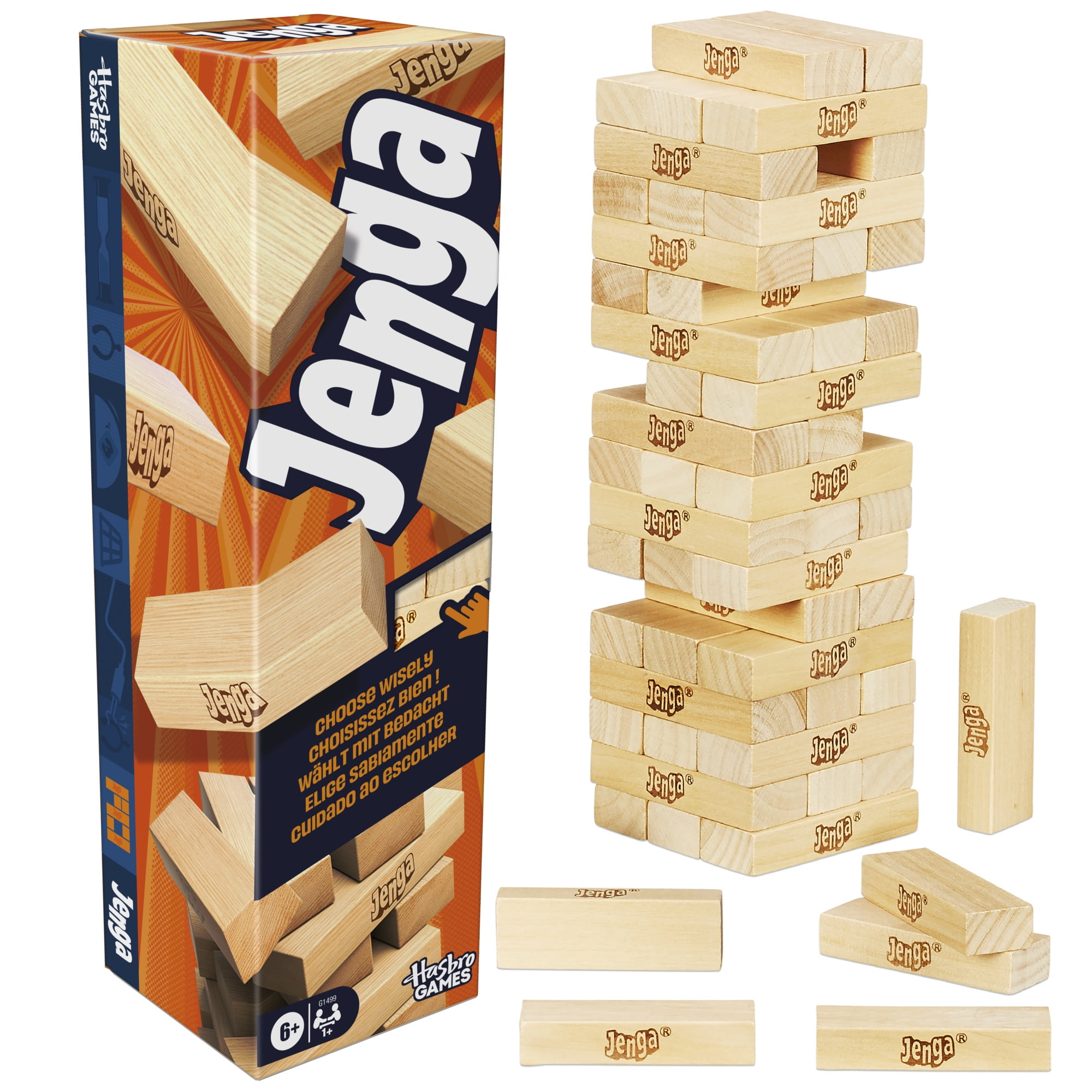 Official Hasbro Games Jenga Game with Digital Die, Wood Block Party Game, Family Games, 6+