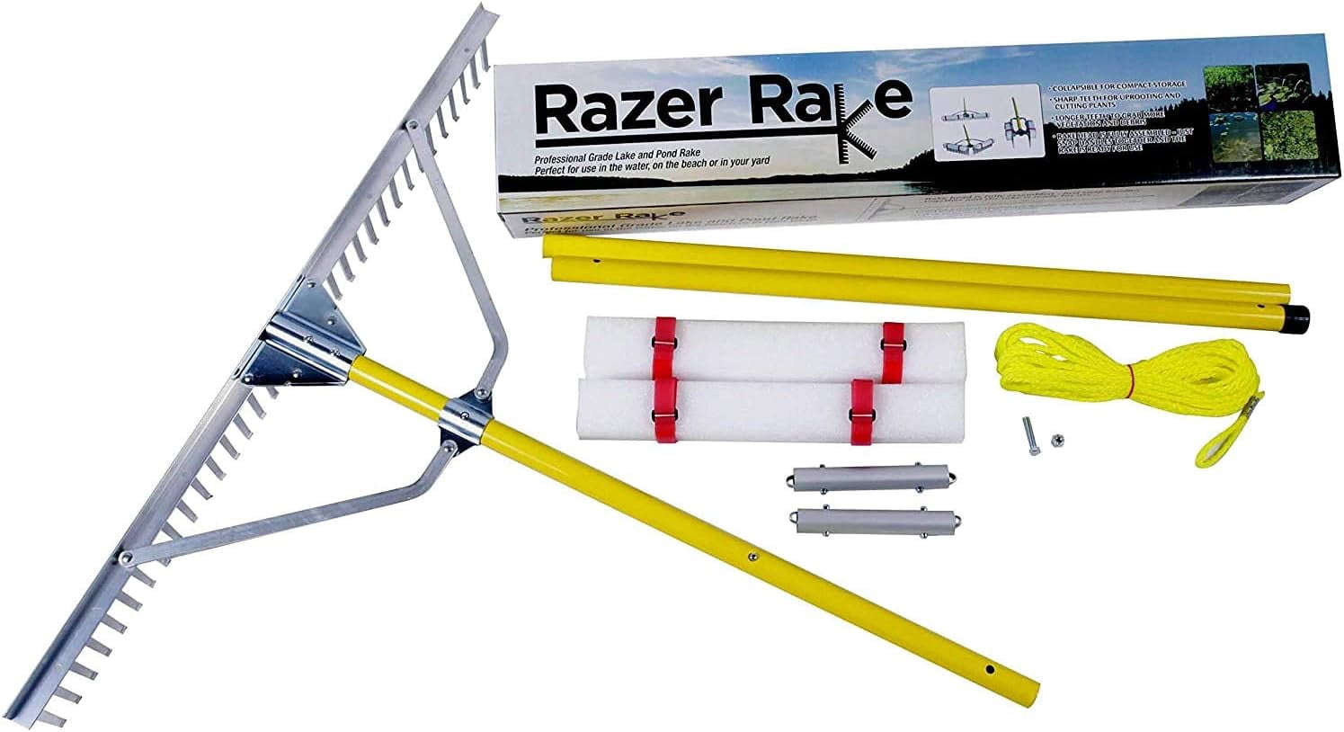 Jenlis Razer Rake Heavy Duty Collapsible Aluminum Pond & Lake Rake for Removal of Weeds, Leaves, & Floating Scum, Shoreline & Beach Landscaping Tool