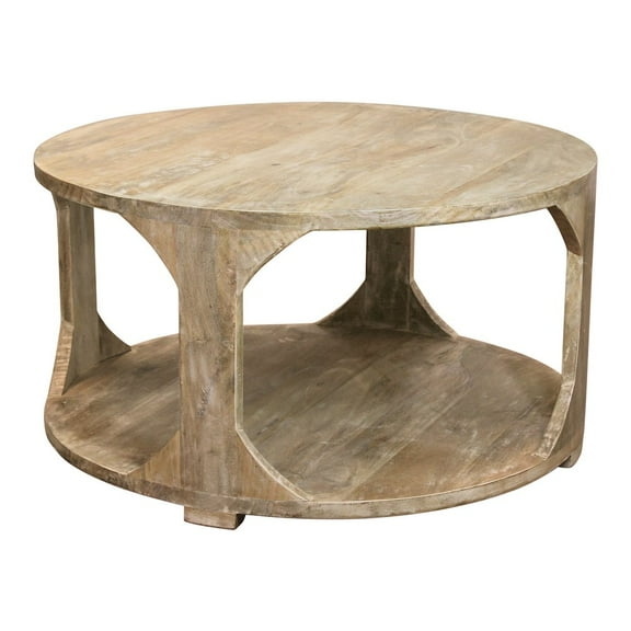 Jenna Round Cocktail Table with Shelves In Coastal Natural Solid Wood