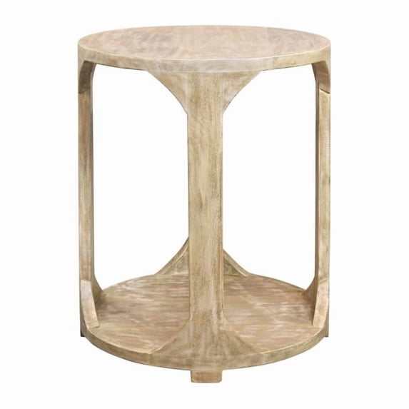 Jenna Round End Table with Shelves in Coastal Natural Solid Wood