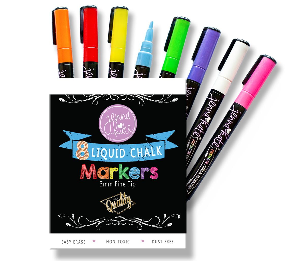 Jennakate - 8 Pack Dry Erase Liquid Chalk Markers - 3mm - Fine Tip