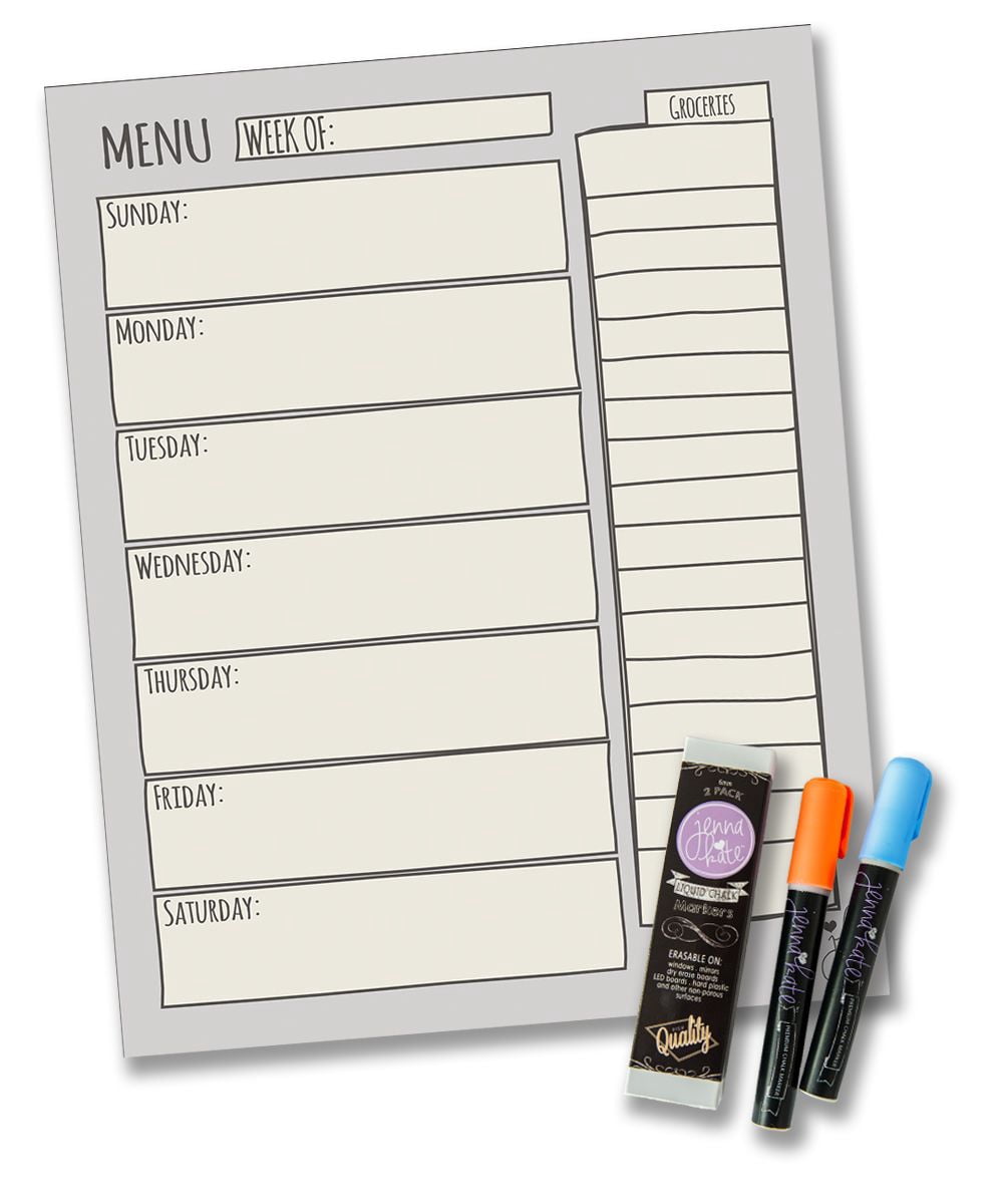 Jennakate Grey Magnetic Menu Dry Erase - 11"x 14" - Ideal for Shopping List, Checklist, Health and Diabetic Meal Planner- Family Command Center  - Two Liquid Chalk Dry Erase Markers