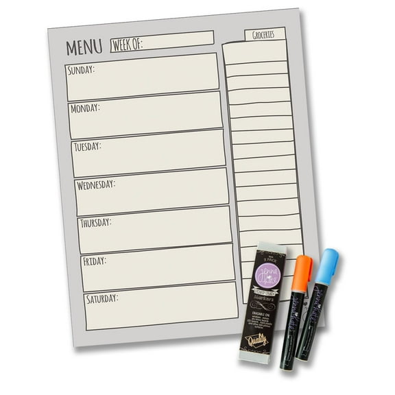 Jennakate Grey Magnetic Menu Dry Erase - 11"x 14" - Ideal for Shopping List, Checklist, Health and Diabetic Meal Planner- Family Command Center - Two Liquid Chalk Dry Erase Markers
