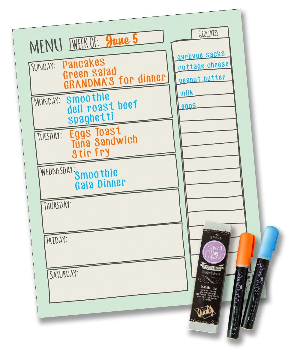 Jennakate - Mint Dry Erase Menu Fridge Magnet - Ideal for Diet Plan Shopping List & Health and Diabetic Meal Planning- Family Command Center- 11"x 14"- Two Pack Dry Erase Liquid Chalk Marker