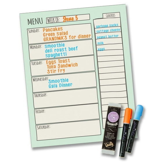 Jennakate - Mint Dry Erase Menu Fridge Magnet - Ideal for Diet Plan Shopping List & Health and Diabetic Meal Planning- Family Command Center- 11"x 14"- Two Pack Dry Erase Liquid Chalk Marker