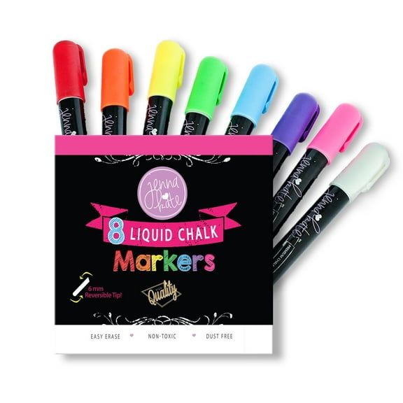 Jennakate Neon 8 Pack Dry Erase Liquid Chalk Markers - 6mm Reversible Tip (Bullet & Chisel Tip)