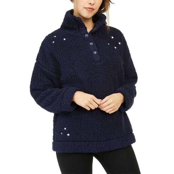 Jenni Intimates Women Size Large, Faux Fur Cozy Pullover Lounge, Navy, Stars