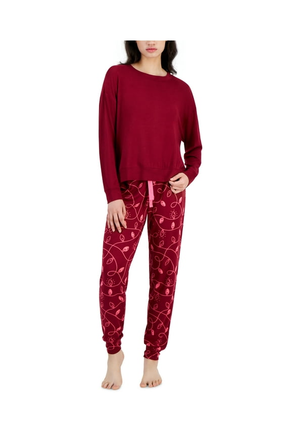 Womens 2-Pc. Long-Sleeve Packaged Pajamas Set, Wine, X-Small