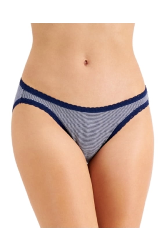 Womens Lace Trim Bikini Underwear, Thin Stripe Navy, Medium