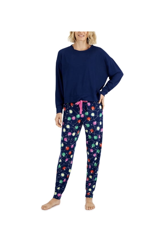 Women's Long Sleeve Mix It Pajama Set Navy Xmas Light (Navy Xmas Light, L)