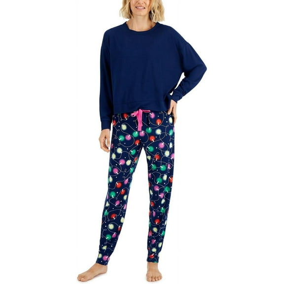 Jenni Women's Long Sleeve Mix It Pajama Set Navy Xmas Light (Navy Xmas Light, XL)