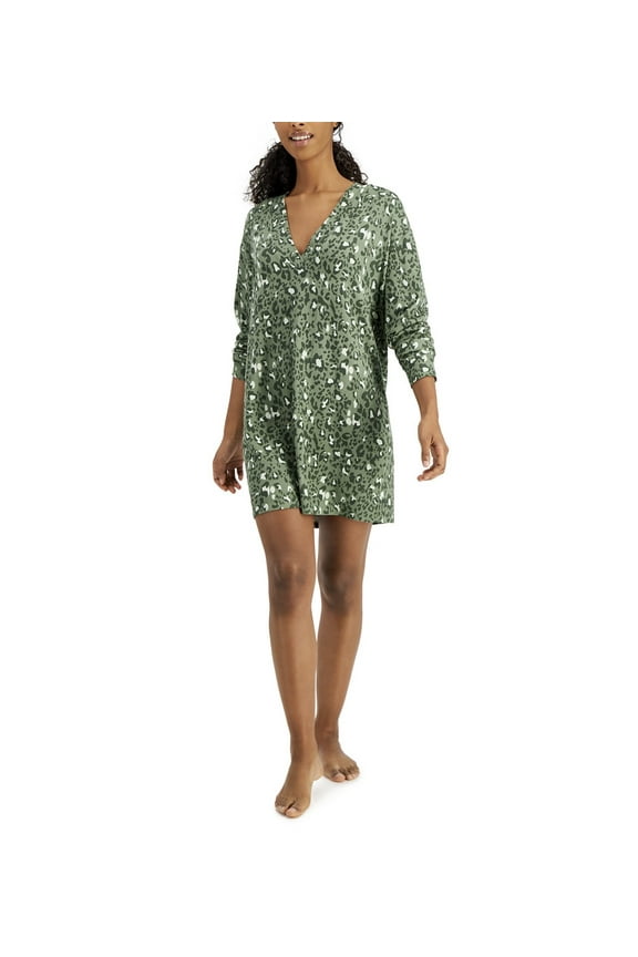 Women's Printed Long-Sleeve Sleep Shirt Leopard Green (Leopard Green, XS)