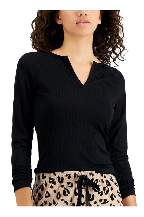 Women's Split-Neck Pajama Top (Deep Black, Medium)