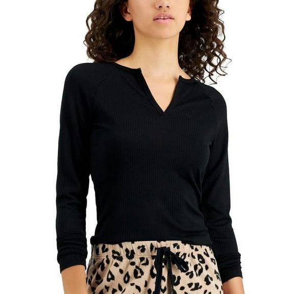 Jenni Women's Split-Neck Pajama Top (Deep Black, Small)