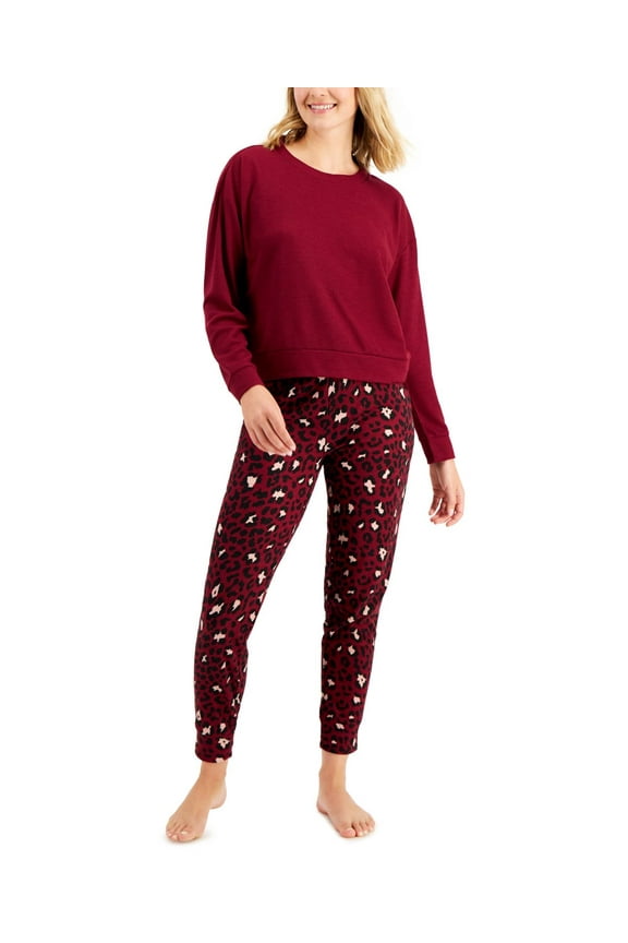 Womens Long Sleeve Waffle Pajama Top and Jogger Set