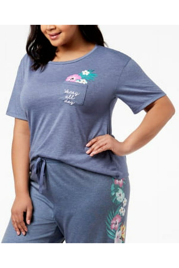 Plus Size Graphic-Pocket Pajama T-Shirt Vacay All Day Heather Blue 1X