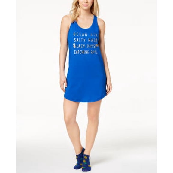 Jenni by Jennifer Moore Screen-Print Keyhole Sleepshirt With Socks Blue Cobalt Sea M