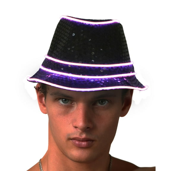 JenniWears Unisex LED Light Up Fedora Hat Glow Cap Sparkly Sequin Black Fabric El Wire With Controller Pink